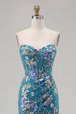 Sparkly Pink Floral Mermaid Strapless Corset Prom Dress