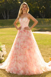 Pink Strapless A-Line Corset Floral Beaded Prom Dress