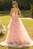 Pink Strapless A-Line Corset Floral Beaded Prom Dress