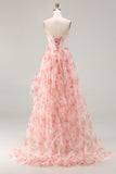 Pink Strapless A-Line Corset Floral Prom Dress With Ruffles