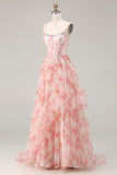 Pink Strapless A-Line Corset Floral Prom Dress With Ruffles