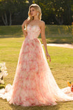 Pink Strapless A-Line Corset Floral Beaded Prom Dress