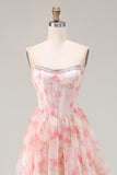 Pink Strapless A-Line Corset Floral Prom Dress With Ruffles