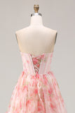 Pink Strapless A-Line Corset Floral Prom Dress With Ruffles