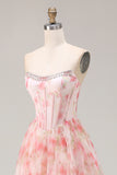 Pink Strapless A-Line Corset Floral Prom Dress With Ruffles