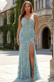 Grey Green Plus Size Mermaid Appliqued Maxi Prom Dress