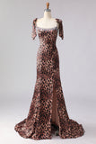 Brown Leopard Mermaid Spaghetti Straps Prom Dress With Slit