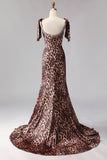 Brown Leopard Mermaid Spaghetti Straps Prom Dress With Slit