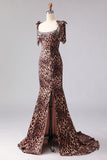 Brown Leopard Mermaid Spaghetti Straps Prom Dress With Slit