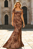 Brown Leopard Mermaid Square Neck Prom Dress with Bow