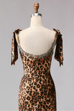 Brown Leopard Mermaid Spaghetti Straps Prom Dress With Slit