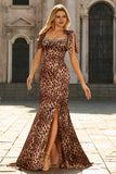Brown Leopard Mermaid Square Neck Prom Dress with Bow