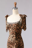 Brown Leopard Mermaid Spaghetti Straps Prom Dress With Slit