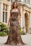 Plus Size Brown Leopard Mermaid Bowed Prom Dress