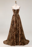 Strapless Brown Leopard A-Line Corset Prom Dress With Slit