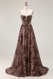 Strapless Brown Leopard A-Line Corset Prom Dress With Slit