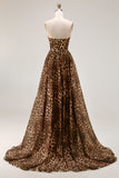 Strapless Brown Leopard A-Line Corset Prom Dress With Slit