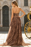 Strapless Brown Leopard A-Line Corset Prom Dress With Slit