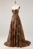 Strapless Brown Leopard A-Line Corset Prom Dress With Slit