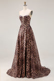 Strapless Brown Leopard A-Line Corset Prom Dress With Slit