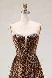 Strapless Brown Leopard A-Line Corset Prom Dress With Slit
