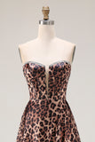 Strapless Brown Leopard A-Line Corset Prom Dress With Slit