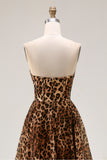 Strapless Brown Leopard A-Line Corset Prom Dress With Slit