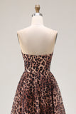 Strapless Brown Leopard A-Line Corset Prom Dress With Slit