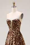Strapless Brown Leopard A-Line Corset Prom Dress With Slit