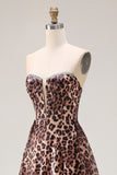 Strapless Brown Leopard A-Line Corset Prom Dress With Slit