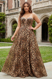 Strapless Plus Size Brown Leopard A Line Corset Prom Dress