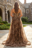 Strapless Plus Size Brown Leopard A Line Corset Prom Dress