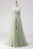 Strapless A-Line Dusty Sage Embroidered Prom Dress With Streamer