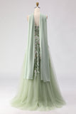 Strapless A-Line Dusty Sage Embroidered Prom Dress With Streamer