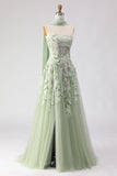 Strapless A-Line Dusty Sage Embroidered Prom Dress With Streamer