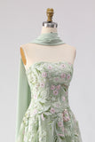 Strapless A-Line Dusty Sage Embroidered Prom Dress With Streamer