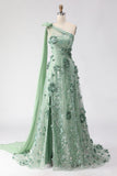 One Shoulder Green A-Line Appliqued Prom Dress With Slit