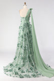 One Shoulder Green A-Line Appliqued Prom Dress With Slit