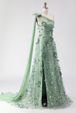 One Shoulder Green A-Line Appliqued Prom Dress With Slit