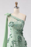 One Shoulder Green A-Line Appliqued Prom Dress With Slit