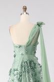 One Shoulder Green A-Line Appliqued Prom Dress With Slit