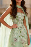 Dusty Sage Strapless A-Line Prom Dress With Appliques