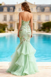Mermaid Dusty Sage Halter Ruffled Prom Dress With Embroidery