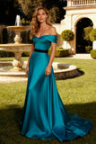 Peacock Blue A-Line Off The Shoulder Maxi Formal Dress