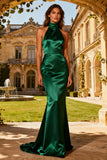 Dark Green Halter Mermaid Satin Long Formal Dress