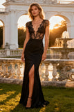 Mermaid Lace V-Neck Maxi Black Tie Dress With Slit