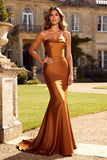 Mermaid Strapless Burunt Orange Satin Long Formal Dress