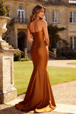 Mermaid Strapless Burunt Orange Satin Long Formal Dress