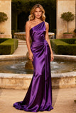 One Shoulder Purple Mermaid Satin Long Formal Dress