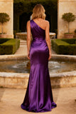 One Shoulder Purple Mermaid Satin Long Formal Dress